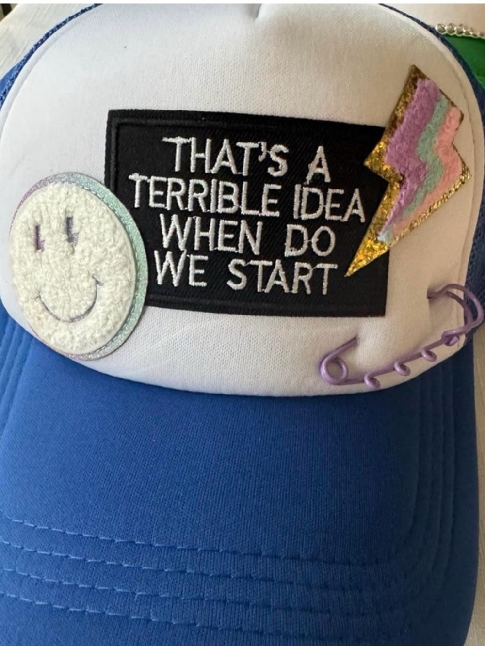 Blue & White Trucker Hat with Patch Accents adjustable